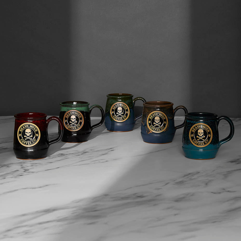 Five different glaze combinations you could get with the Death Wish Coffee Mystery Mug.