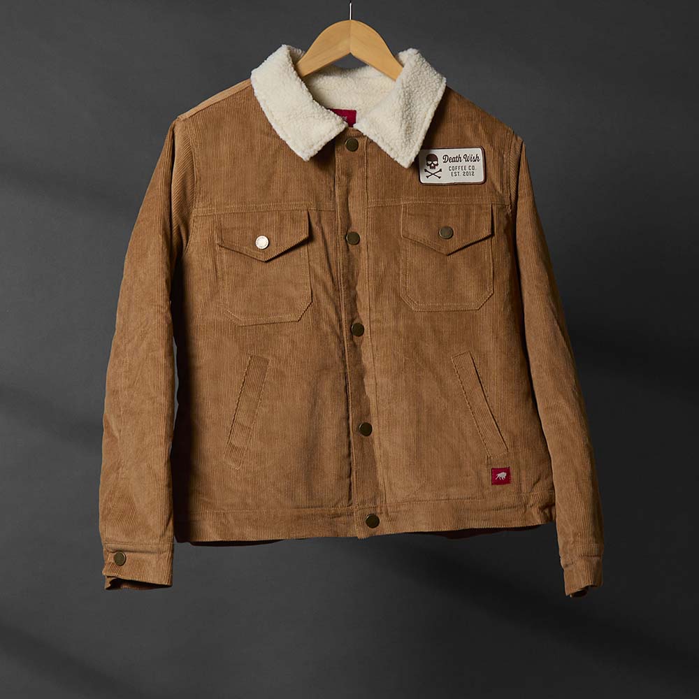 The front of the Death Wish Coffee Daily Grind Women's Corduroy Workwear Jacket.