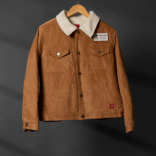 The front of the Death Wish Coffee Daily Grind Women's Corduroy Workwear Jacket.