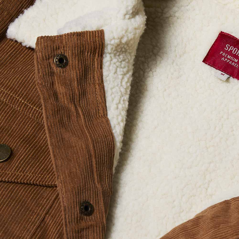 A detail shot of the Death Wish Coffee Daily Grind Women's Corduroy Workwear Jacket.
