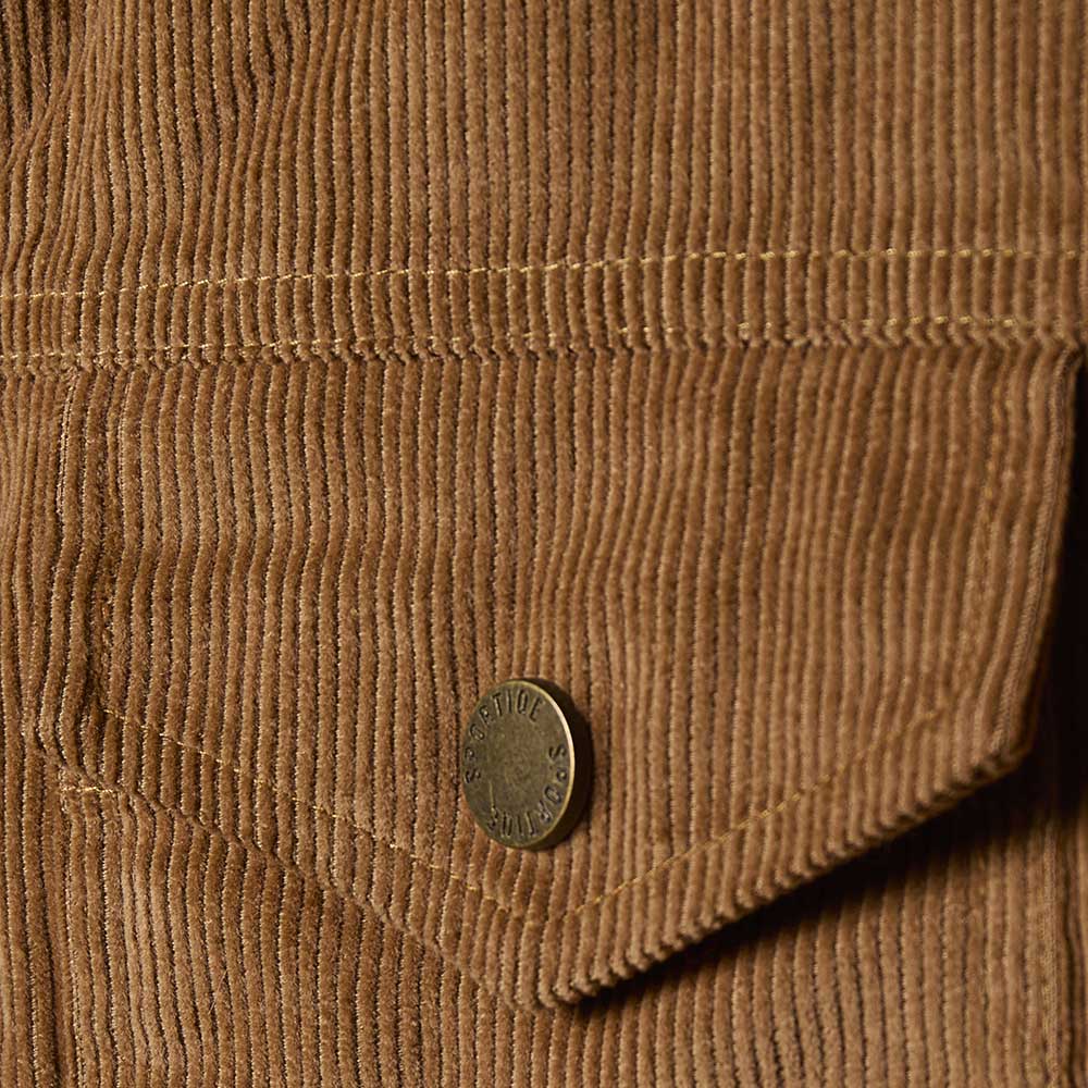 A detail shot of the Death Wish Coffee Daily Grind Women's Corduroy Workwear Jacket.