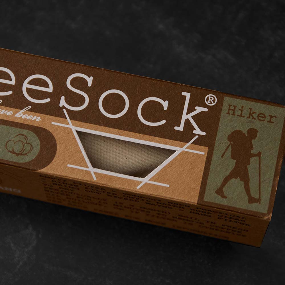 A close up of the Coffee Sock Reusable ColdBrew Filter - Hikers Edition in its packaging.