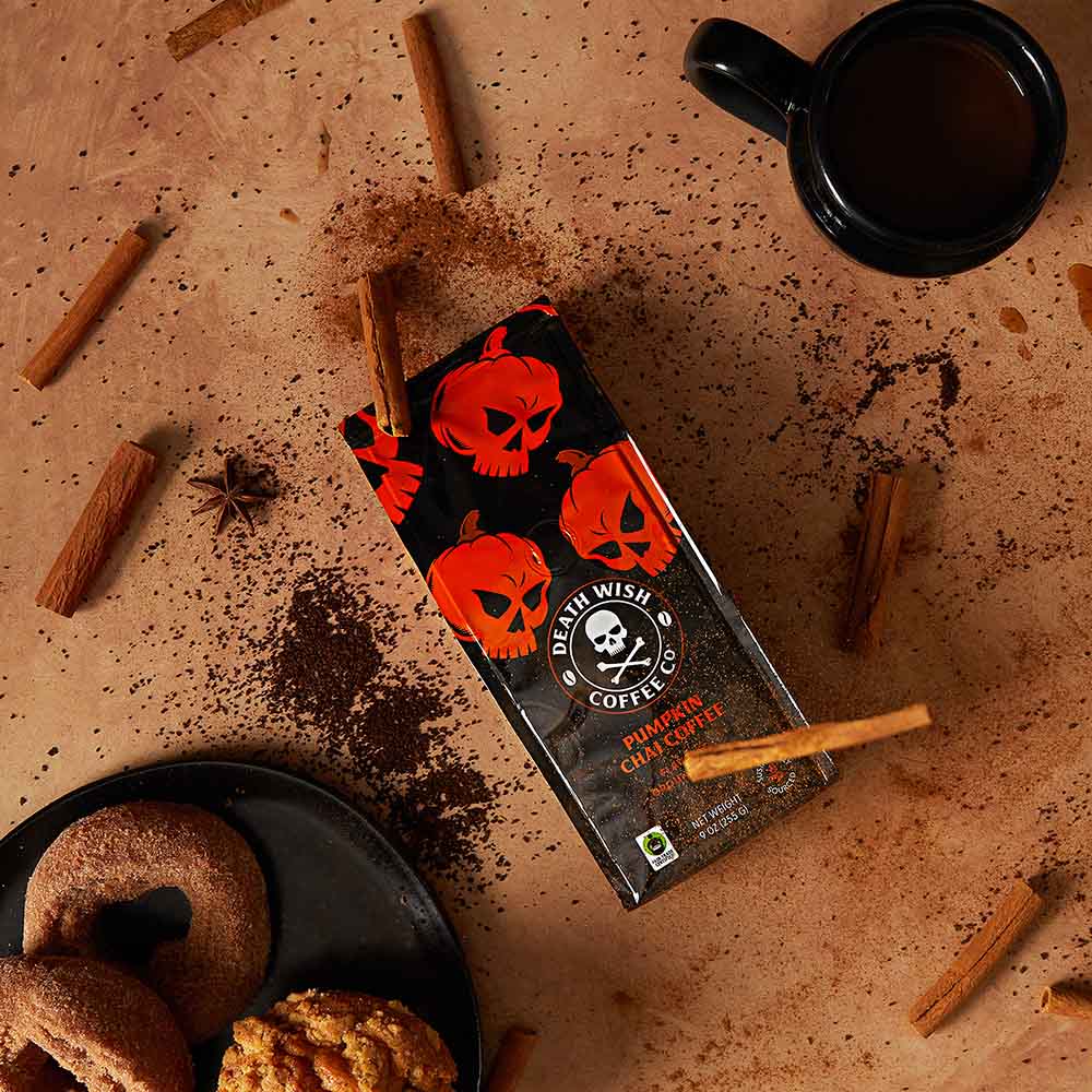 Death Wish Coffee Pumpkin Chai Flavored Coffee bag with cinnamon sticks.