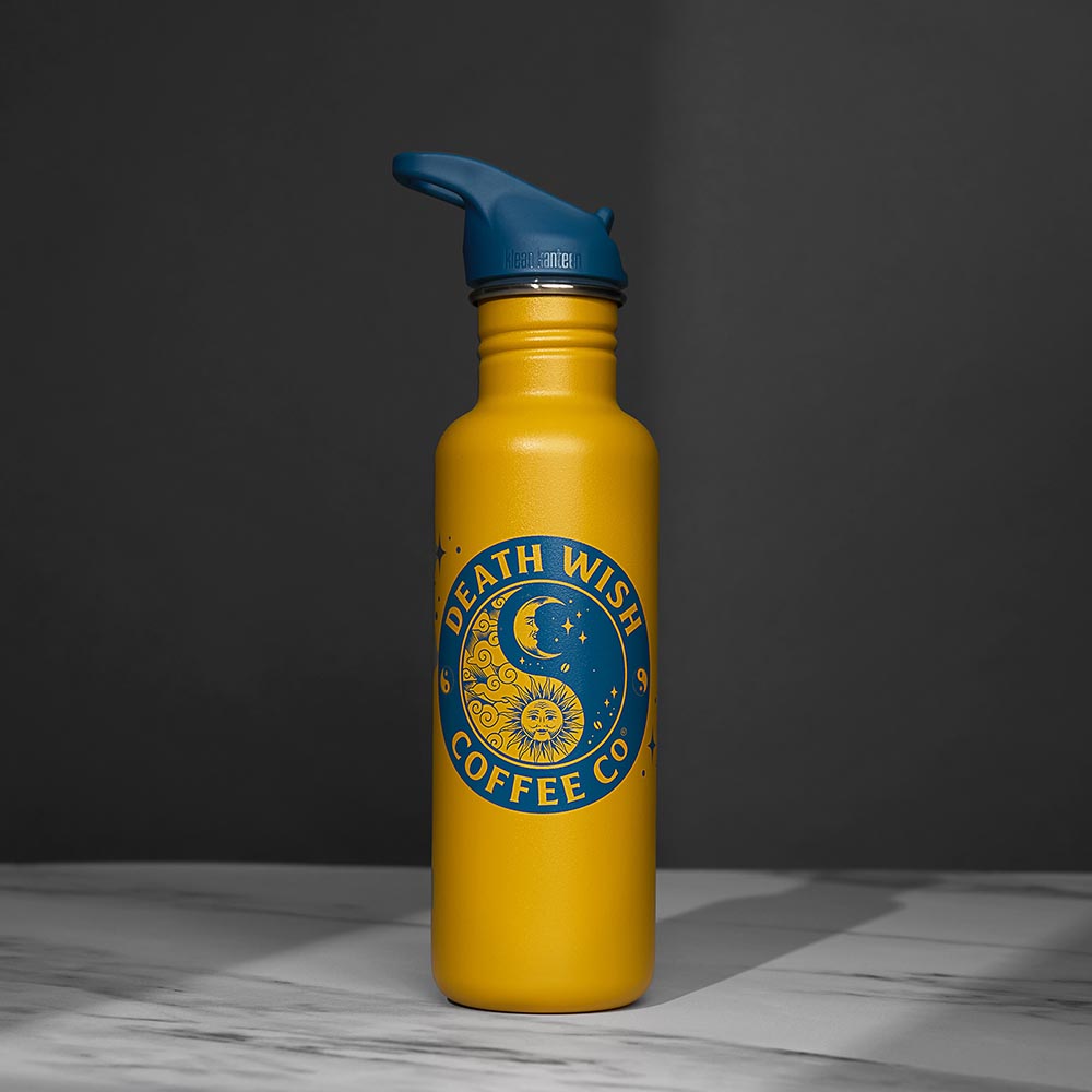 The front of the Death Wish Coffee Divine Balance Klean Kanteen.