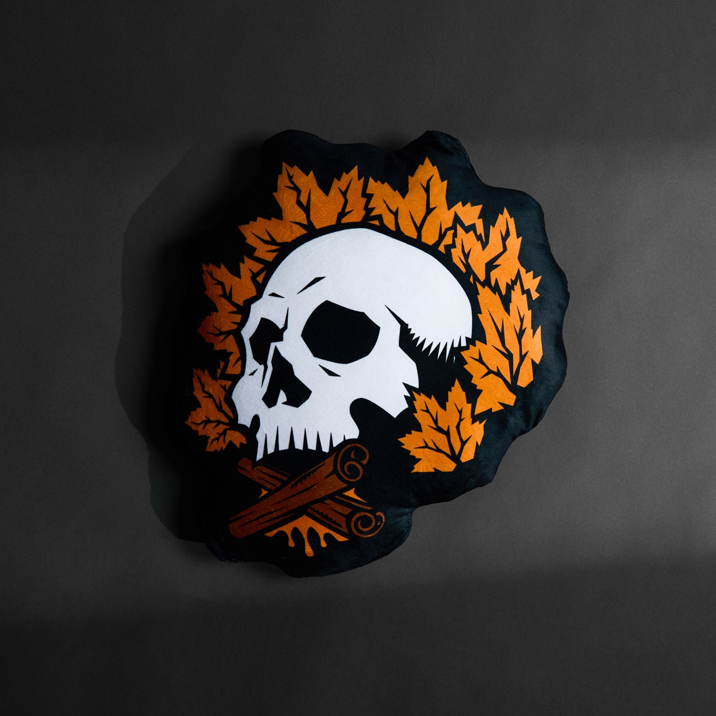 The back of the Death Wish Coffee Maple Cinnamon Flavor Skull Pillow.