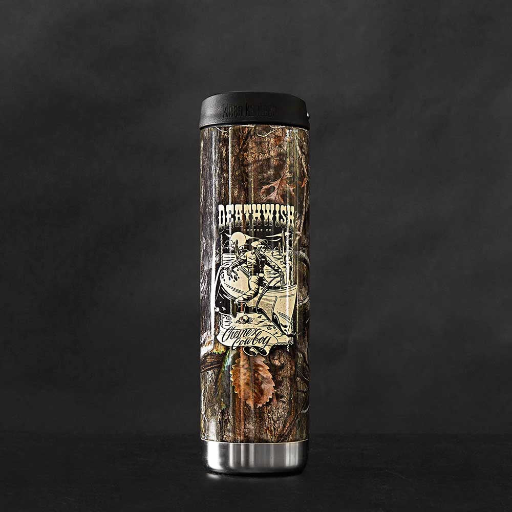 The front of the Death Wish Coffee Chemex Cowboy Klean Kanteen.
