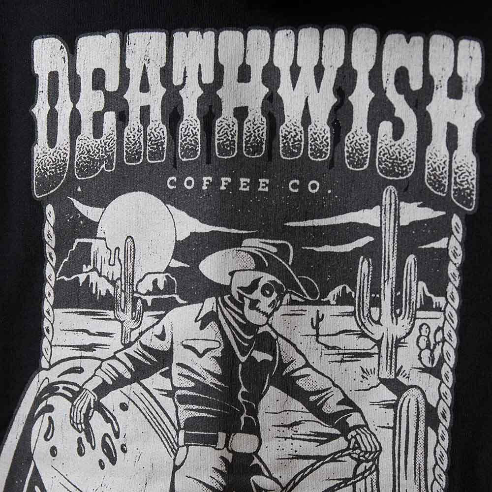 The back logo detail of the Death Wish Coffee Chemex Cowboy Zip Hoodie.
