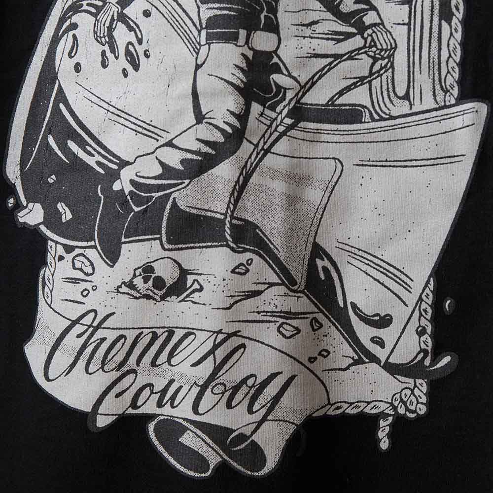 The back logo detail of the Death Wish Coffee Chemex Cowboy Zip Hoodie.