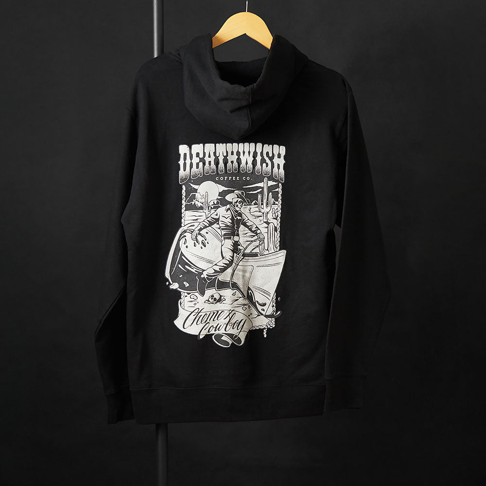 The back of the Death Wish Coffee Chemex Cowboy Zip Hoodie.