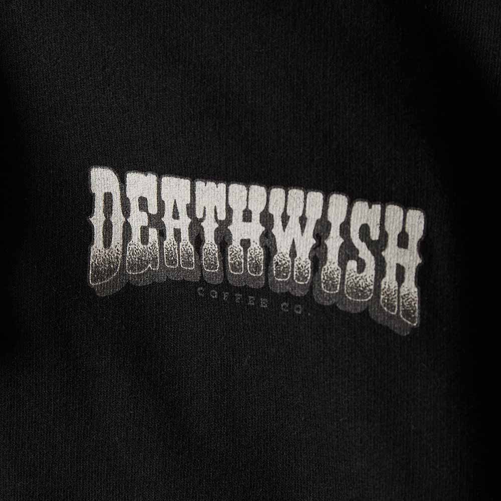 The front logo detail of the Death Wish Coffee Chemex Cowboy Zip Hoodie.