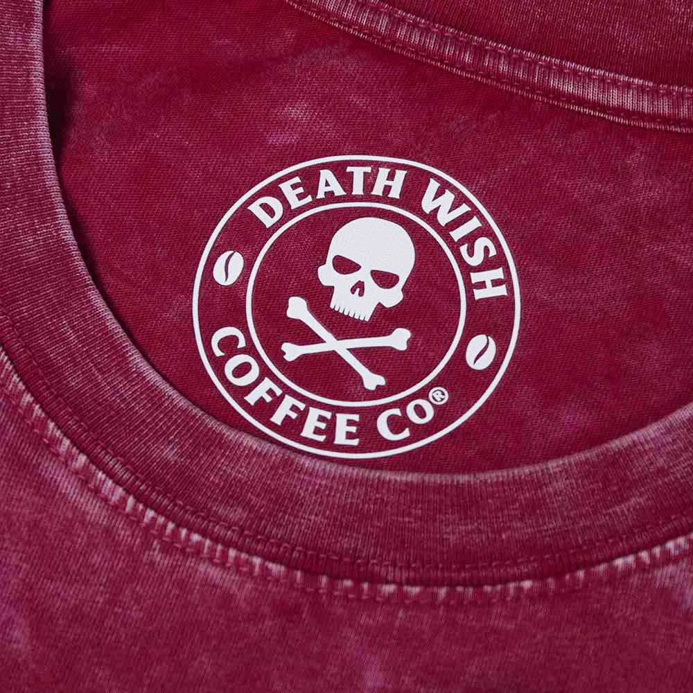 The interior neck label of the Death Wish Coffee Red The Room Tee.