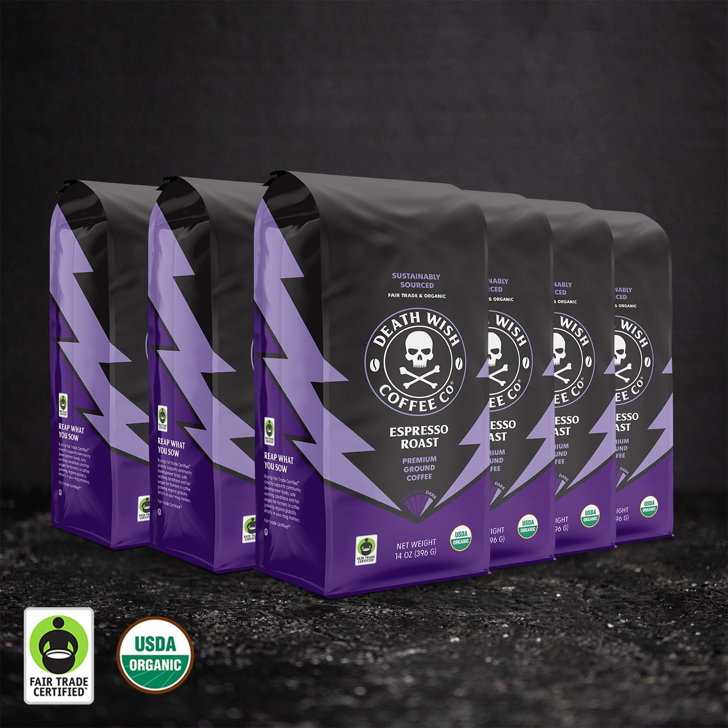 Death Wish Coffee - Espresso Roast 14oz Ground Bag - Pack of 6.