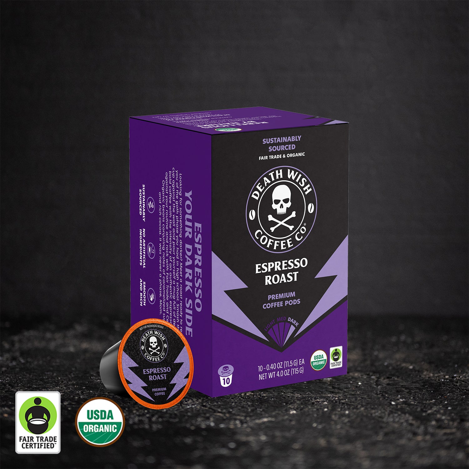 Death Wish Coffee - 10 Count Espresso Roast Single-Serve Pods.