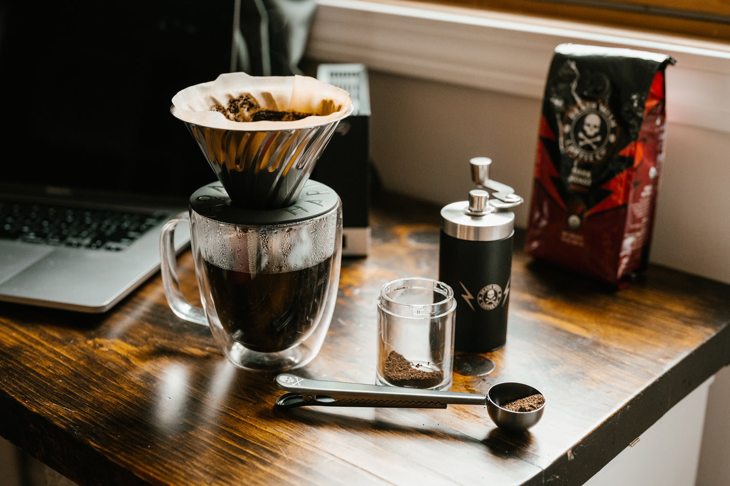 Brewing Dark Roast Coffee using a Hario Pourover and filters.