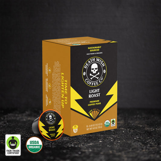 Death Wish Coffee Light Roast Single-Serve Pods - 10 Count Box.