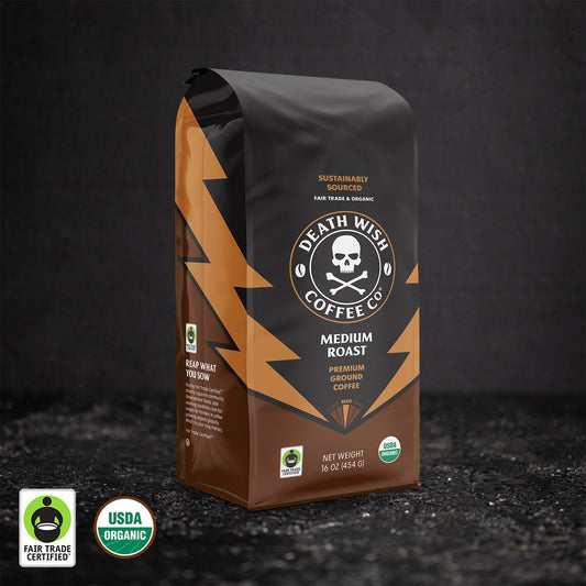 Death Wish Coffee - Medium Roast 16oz Ground Bag.