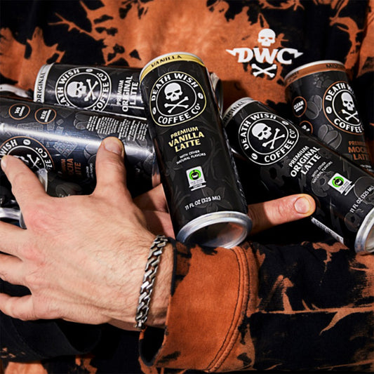 A handful of Death Wish Coffee Canned Lattes.