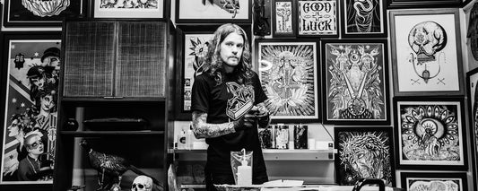 Tattoo artist, Andrew Stortz in his tattoo shop in Portsmouth, NH.