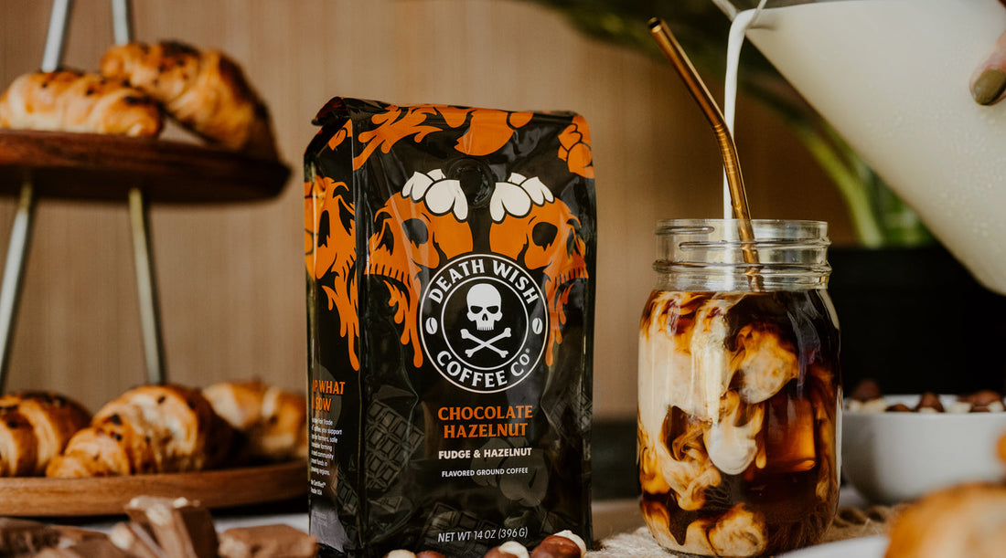 Iced coffee made with Chocolate Hazelnut Death Wish Coffee.