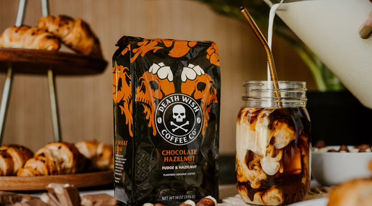 Iced coffee made with Chocolate Hazelnut Death Wish Coffee.