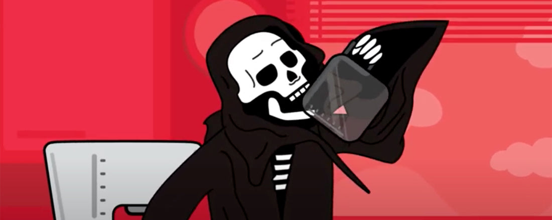The Grim Reaper pouring a pot of Death Wish Coffee in its mouth with a toilet in the background.