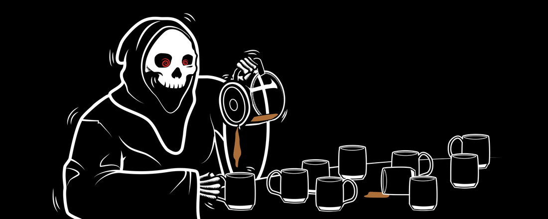A Grim Reaper with red eyes pouring coffee into multiple mugs.