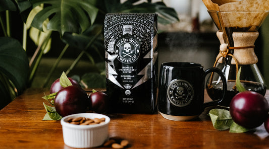 Death Wish Colombian Coffee with flavor notes of almond and plum.