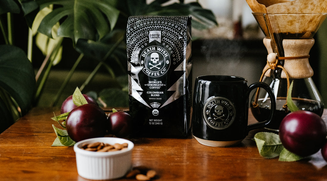 Death Wish Colombian Coffee with flavor notes of almond and plum.