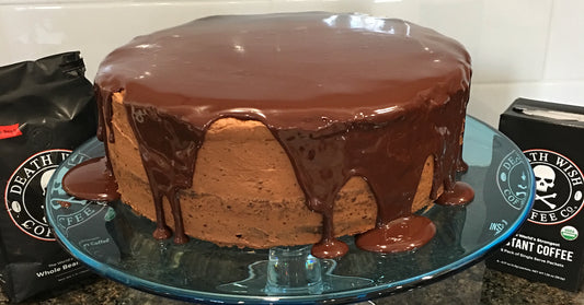 Chocolate cake made with Death Wish Coffee, mocha icing and ganache. 