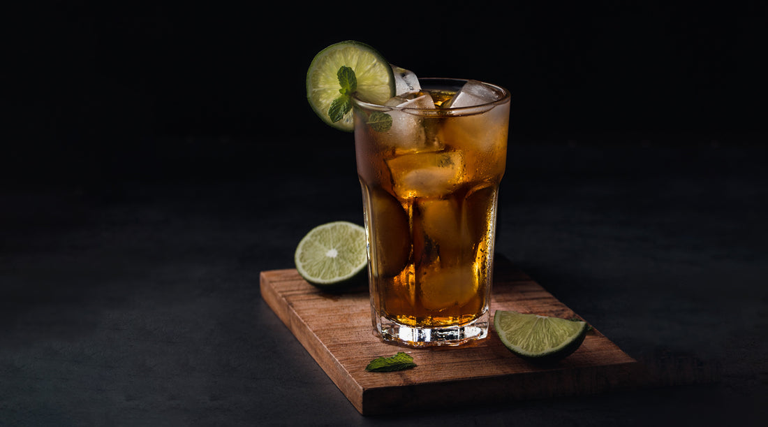 A Dark and Stormy Cocktail garnished and ready to drink.