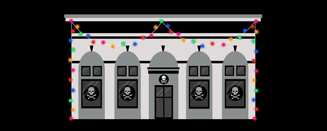 An animation of Death Wish Coffee's Retail Shop + HQ with twinkling christmas lights.