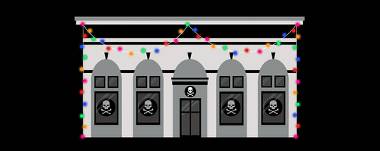 An animation of Death Wish Coffee's Retail Shop + HQ with twinkling christmas lights.