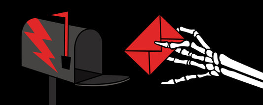 A black mailbox with a red lightning bolt and a skeleton hand dropping a red envelop in it.
