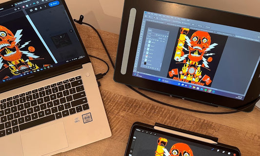 desktop with artist design on computer