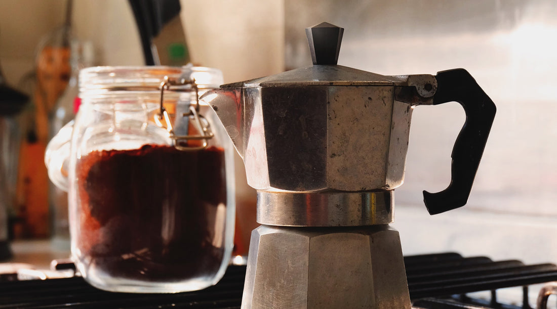 A moka pot on the stove ready to brew your favorite Death Wish Coffee.