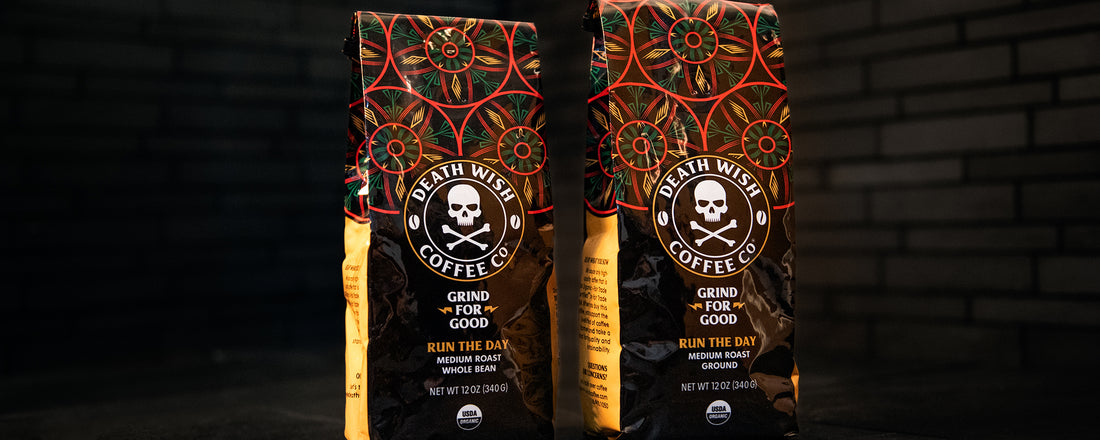 A brightly colored coffee bag of Ethiopian Yirgacheffe Run the Day blend available in whole bean and ground coffee.