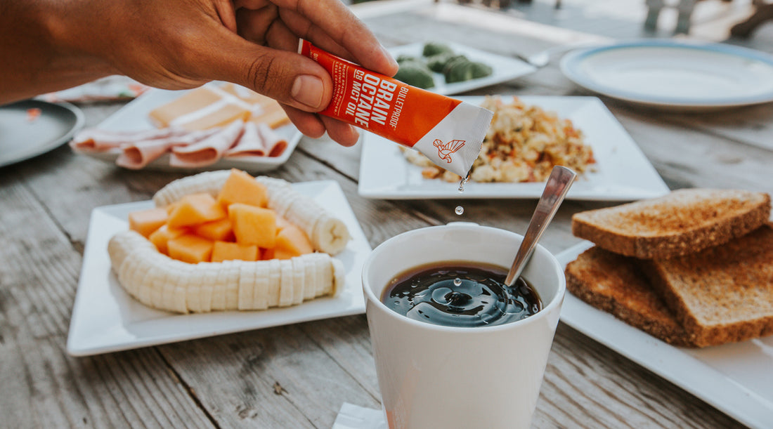 The process of making bulletproof coffee paired with breakfast.