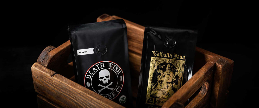 A basket with a bag of Death Wish Coffee and Valhalla Java coffee inside.