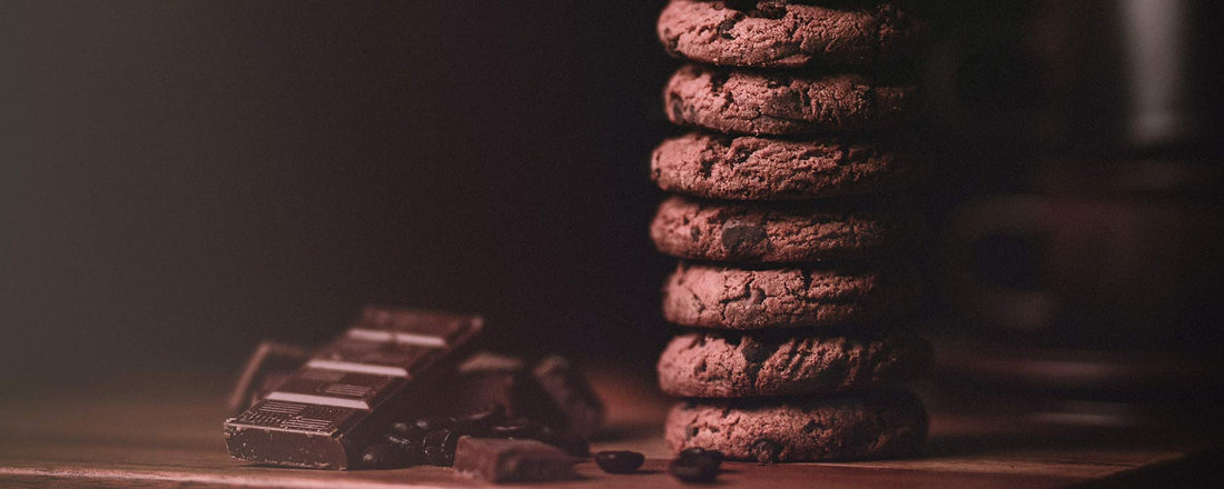 A stack of Death Wish Coffee Double Chocolate Chip Cookies.