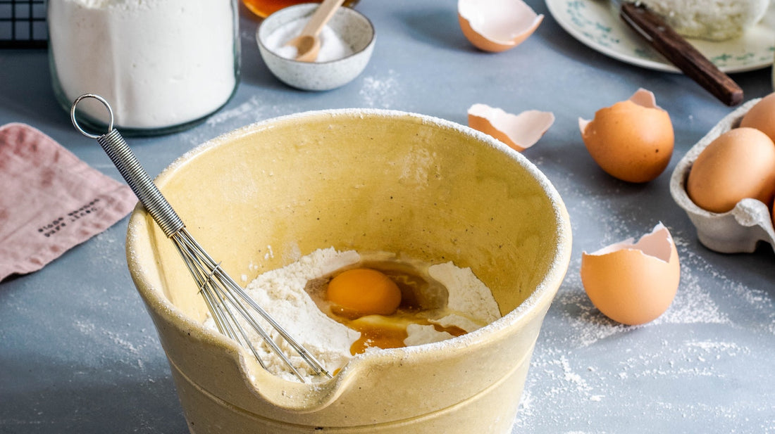 mixing bowl with flour and eggs