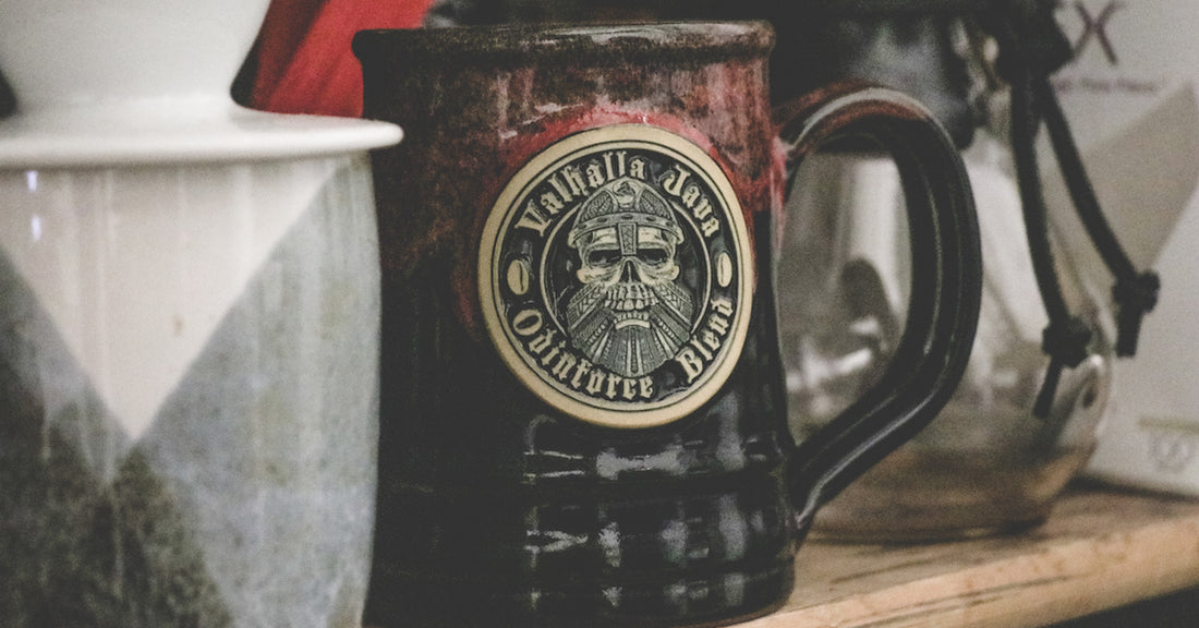 Coffee mug emblazoned with a logo that reads "Valhalla Java Odinforce Blend"