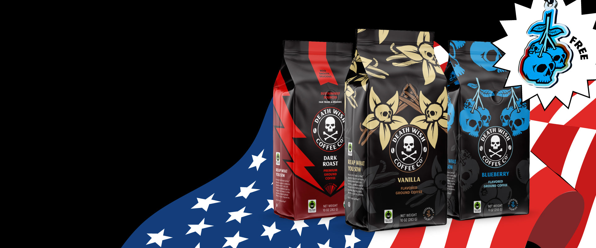 Shop the Death Wish Coffee Red, White and Blueberry Ground Bundle and get a free Blueberry suncatcher with any purchase while supplies last.