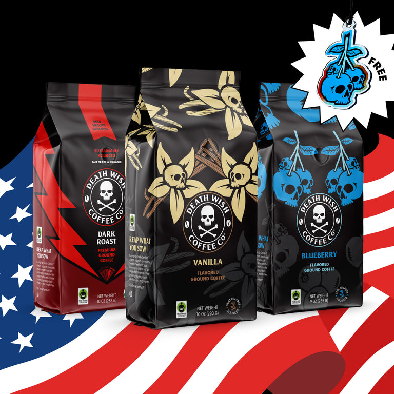 Shop the Death Wish Coffee Red, White and Blueberry Ground Bundle and get a free Blueberry suncatcher with any purchase while supplies last.