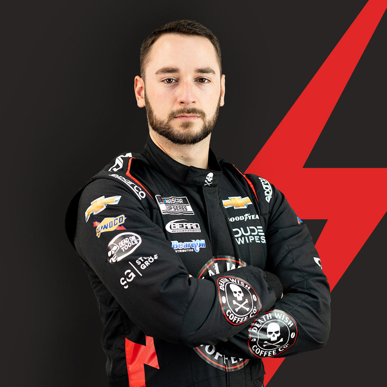 NASCAR driver Anthony Alfredo in his driver suit for the upcoming Daytona 500 qualifiers.