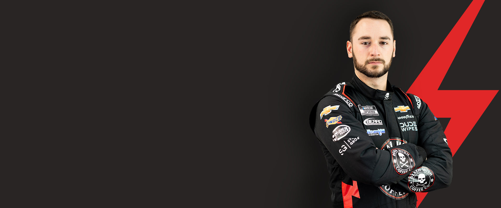 NASCAR driver Anthony Alfredo in his driver suit for the upcoming Daytona 500 qualifiers.
