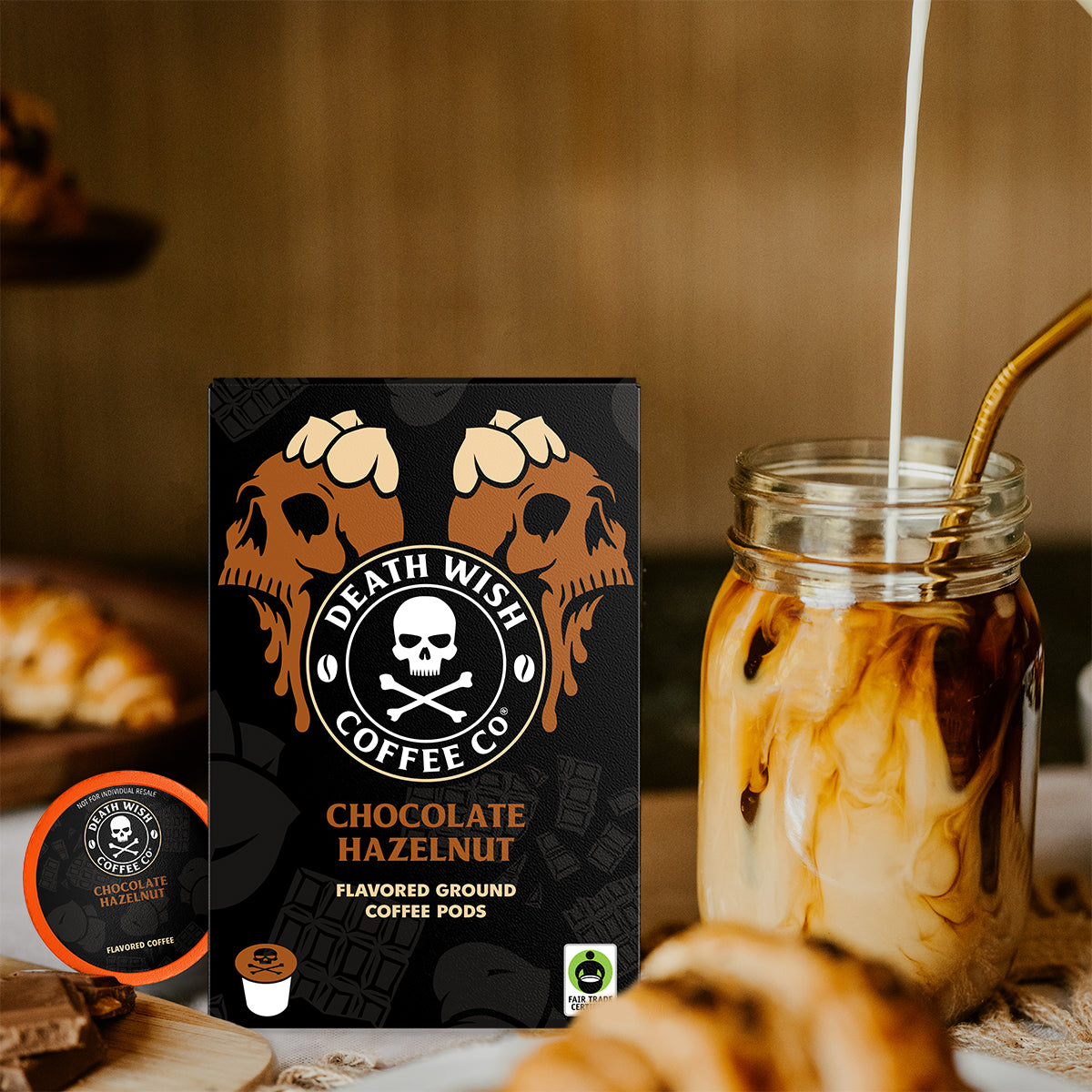 Pouring creamer into Chocolate Hazelnut flavored Death Wish Coffee.