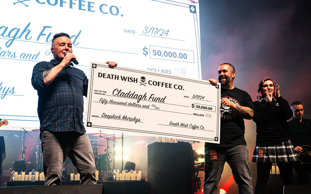Presenting Dropkick Murphys with a $50,000 donation to the Claddagh Fund from Death Wish Coffee.