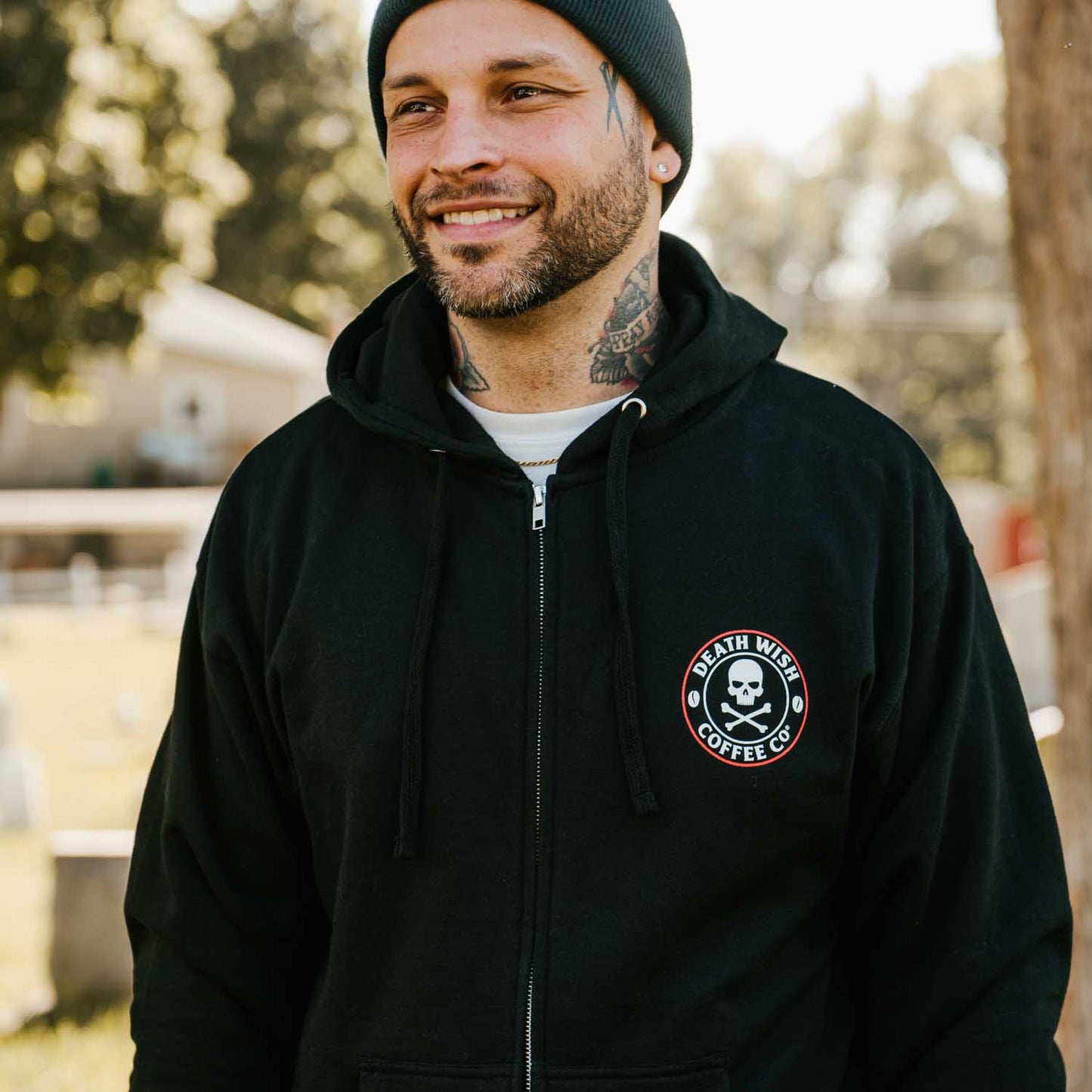 Layer up with the Death Wish Coffee Classic Logo Zip Hoodie.