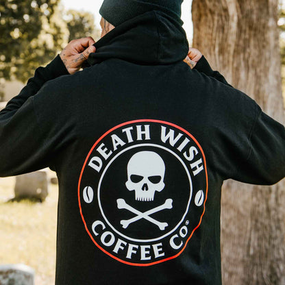 Showing off the back of the Death Wish Coffee Classic Logo Zip Hoodie.