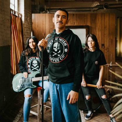Leading the band in the Death Wish Coffee Classic Logo Hoodie.